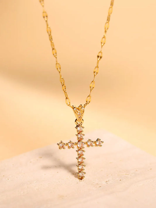 Glam Simple Style Cross Stainless Steel Plating Inlay Zircon 18k Gold Plated Pendant Necklace