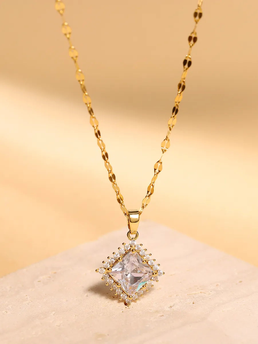 Glam Simple Style Rhombus Stainless Steel Plating Inlay Zircon 18k Gold Plated Pendant Necklace