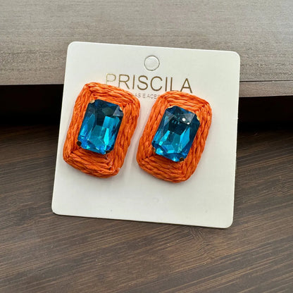 Glam Square Raffia Inlay Artificial Crystal Women's Ear Studs