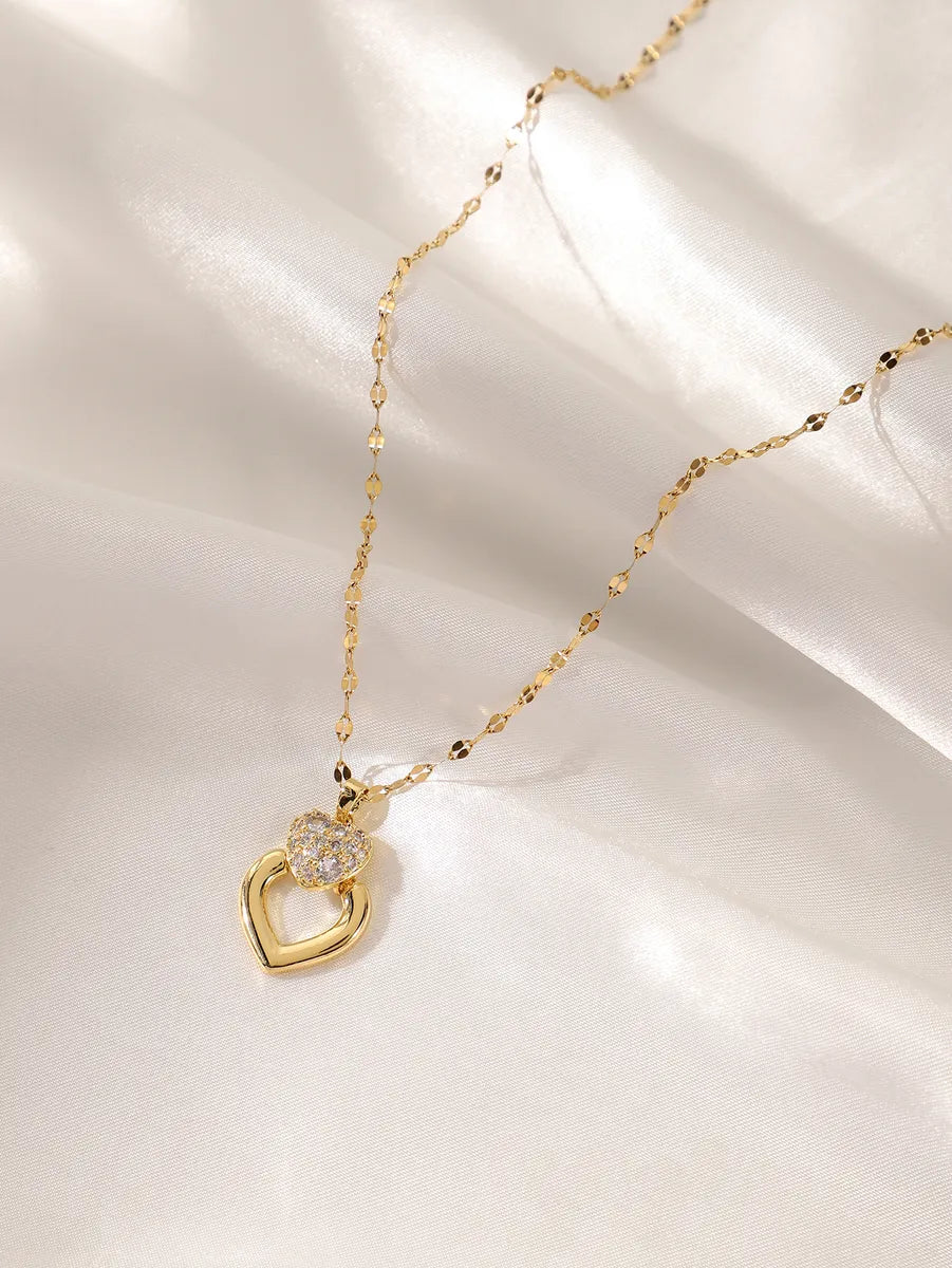 Glam Wedding Bridal Heart Shape Stainless Steel Plating Inlay Zircon 18k Gold Plated Pendant Necklace