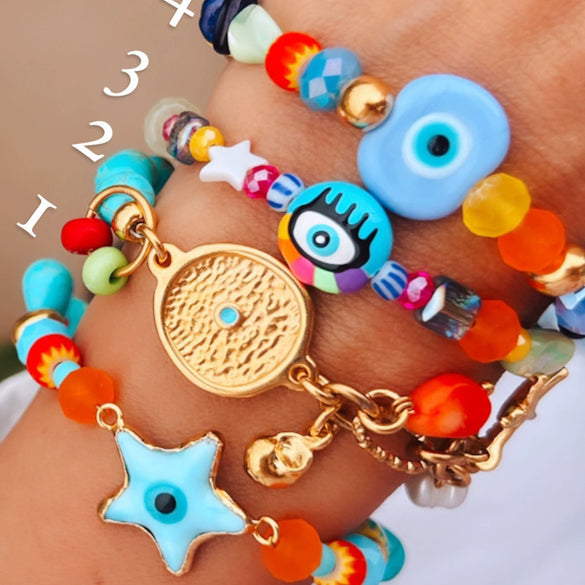 Glass Bracelet Geometric Pattern Evil Eye Shell Love Star Starfish Multipendant Electroplating