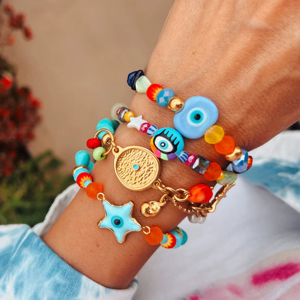 Glass Bracelet Geometric Pattern Evil Eye Shell Love Star Starfish Multipendant Electroplating
