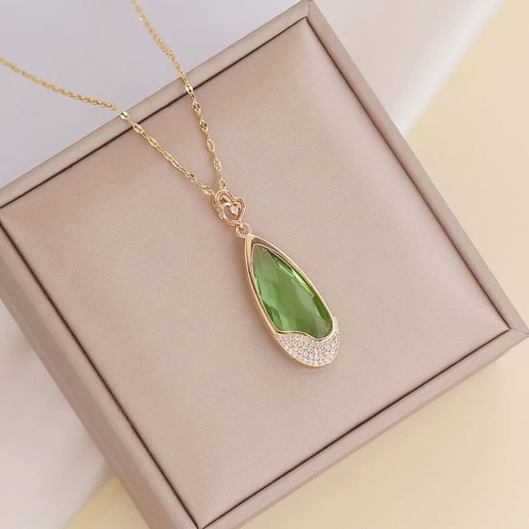 Glass Full Diamond Zircon Water Drop Pendant Necklace For Female Metal Material Drop Shape Design