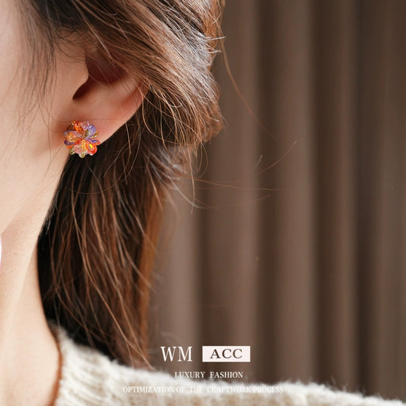 Glass Glazed Flower Geometric Stud Earrings For Women Electroplated