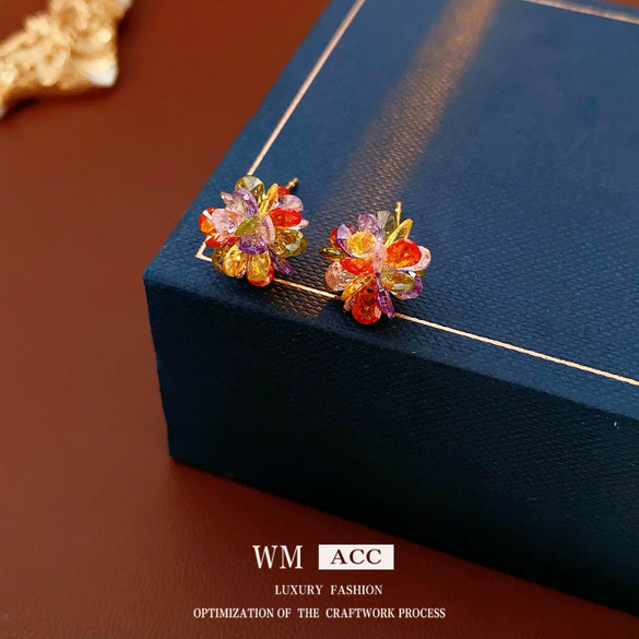Glass Glazed Flower Geometric Stud Earrings For Women Electroplated