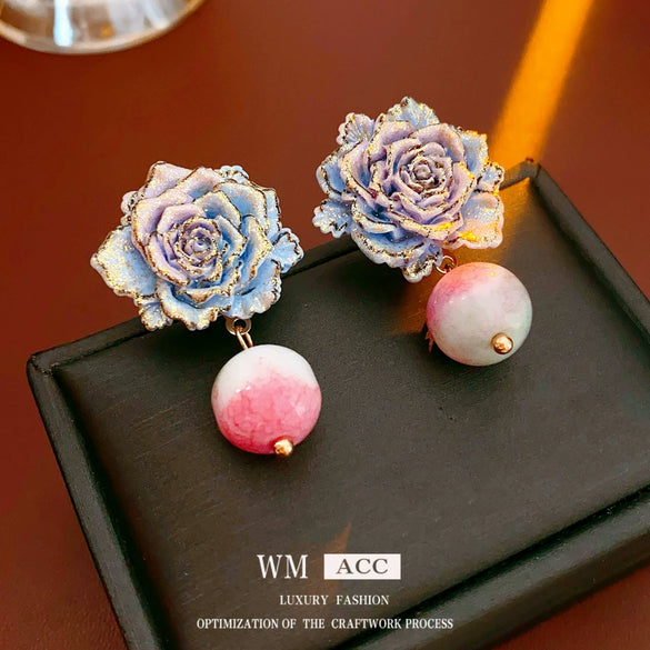 Glass Glazed Geometric Flower Earrings With Electroplating For Women