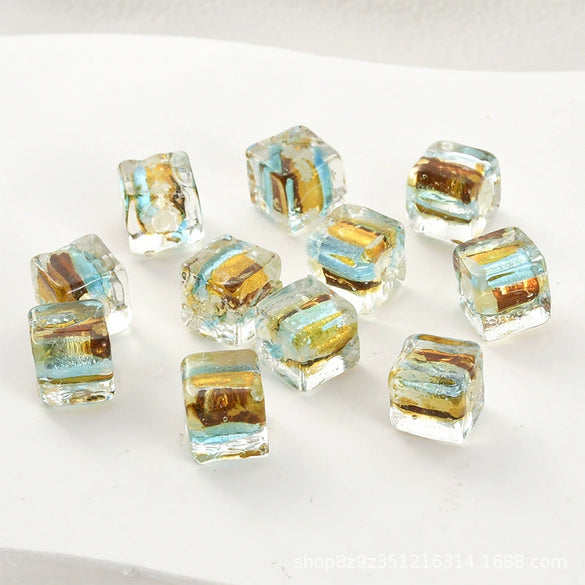 Glass Glazed Lampwork Square Colorful Contrast Striped Straight Hole Beads Uv Plated Diy Handmade Jewelry Material