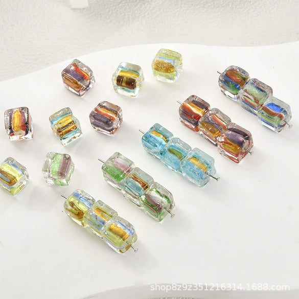 Glass Glazed Lampwork Square Colorful Contrast Striped Straight Hole Beads Uv Plated Diy Handmade Jewelry Material