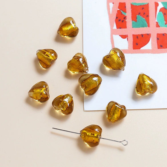 Glass Heart Beads For Diy Handmade Jewelry Accessories With Transparent Gold Scattering Pattern
