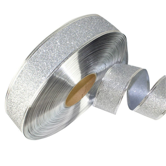 Glitter Powder Christmas Ribbon Cloth Machine Made For Christmas Tree Decoration And Gift Packaging