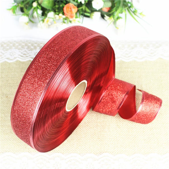 Glitter Powder Christmas Ribbon Cloth Machine Made For Christmas Tree Decoration And Gift Packaging