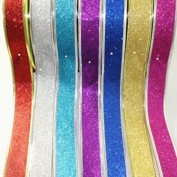 Glitter Powder Christmas Ribbon Cloth Machine Made For Christmas Tree Decoration And Gift Packaging