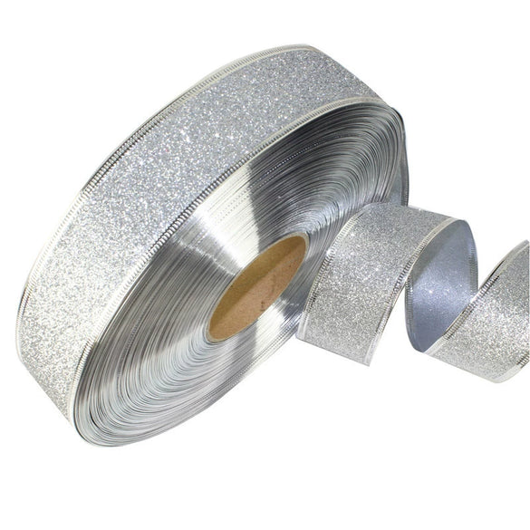 Glitter Powder Christmas Ribbon Cloth Machine Made For Christmas Tree Decoration And Gift Packaging