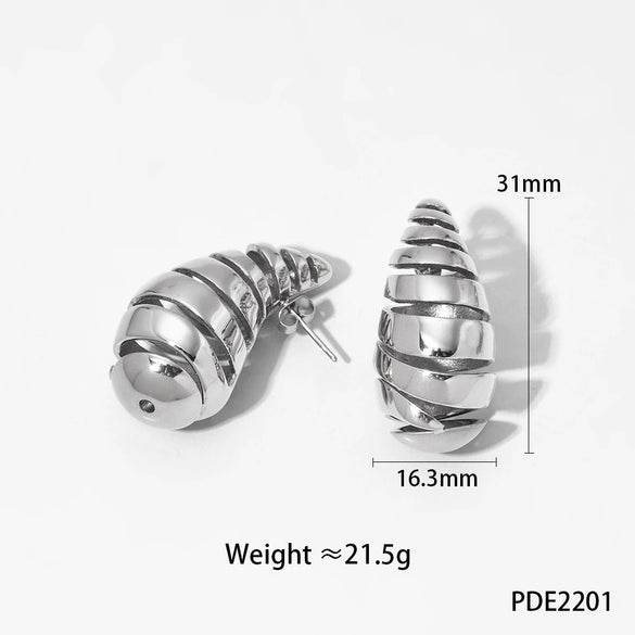Glossy Dropshaped Stainless Steel Hollow Thread Earrings With Striped Design And Vacuum Furnace Electroplating