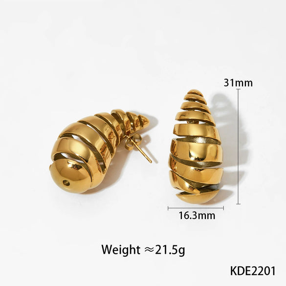 Glossy Dropshaped Stainless Steel Hollow Thread Earrings With Striped Design And Vacuum Furnace Electroplating