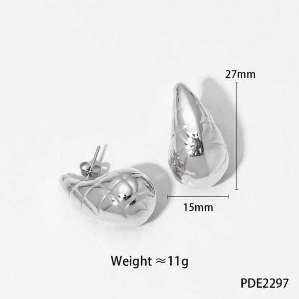Glossy Dropshaped Stainless Steel Hollow Thread Earrings With Striped Design And Vacuum Furnace Electroplating