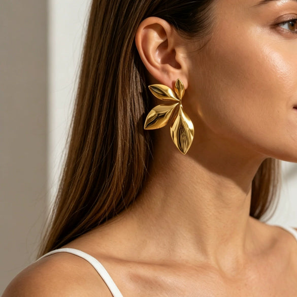 Glossy Electroplated Flower And Leaf Stud Earrings For Women Alloy Earrings With Stainless Steel Posts And Elegant Versatile Design