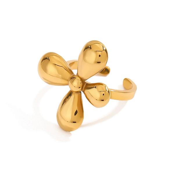 Glossy Fourpetal Flower Titanium Steel Ring With Geometric Pattern Electroplated