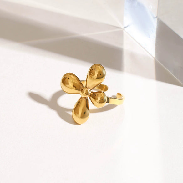 Glossy Fourpetal Flower Titanium Steel Ring With Geometric Pattern Electroplated