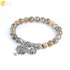 Glossy Natural Flash Stone Elastic Beaded Bracelet With Silver Tree Charm Minimalist Electroplated Natural Stone Jewelry For Women