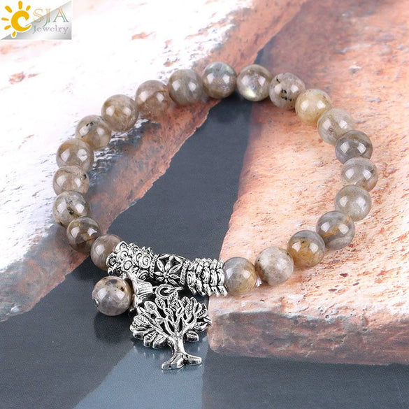 Glossy Natural Flash Stone Elastic Beaded Bracelet With Silver Tree Charm Minimalist Electroplated Natural Stone Jewelry For Women
