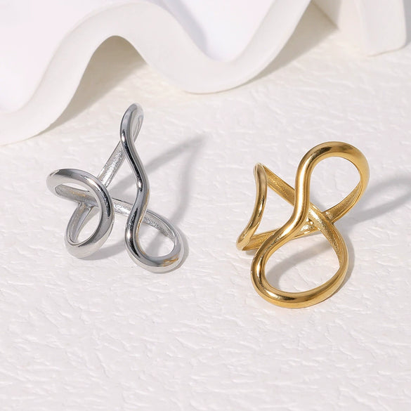 Glossy Specialshaped Line Design Stainless Steel Open Finger Ring With Geometric Pattern And Electroplating For Women