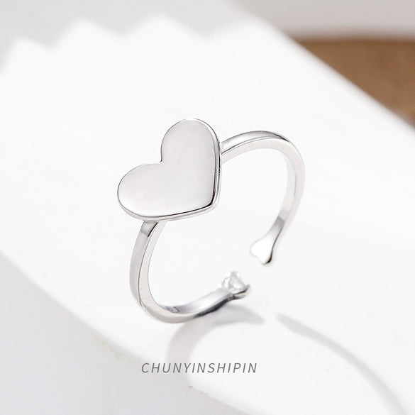 Glossy Sterling Silver Heart Shaped Open Ring With Electroplated Finish For Women Fashion Jewelry