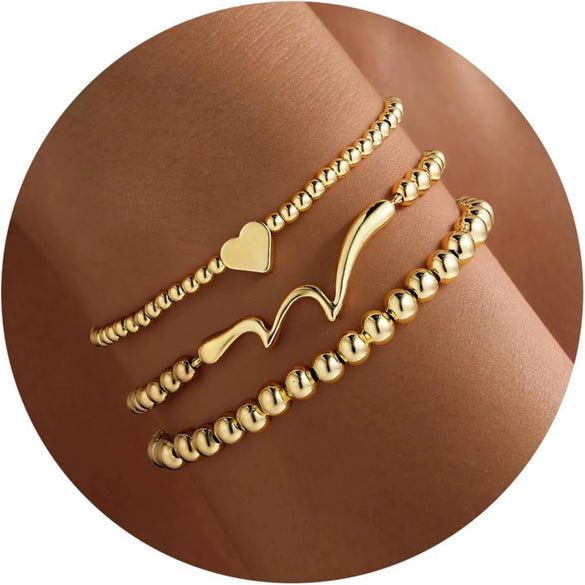 Gold Color Copper Heart Bead Multi Layer Bracelet For Women Adjustable Stackable Geometric Electroplated Fashion Jewelry