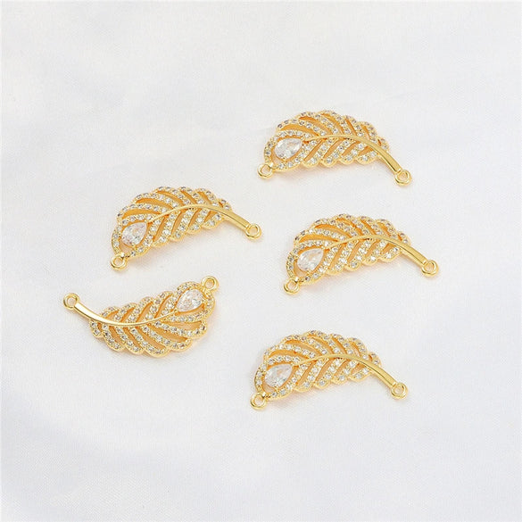 Gold Color Inlaid Zircon Heart And Feather Metal Pendant For Diy Bracelet Jewelry Accessory Electroplated