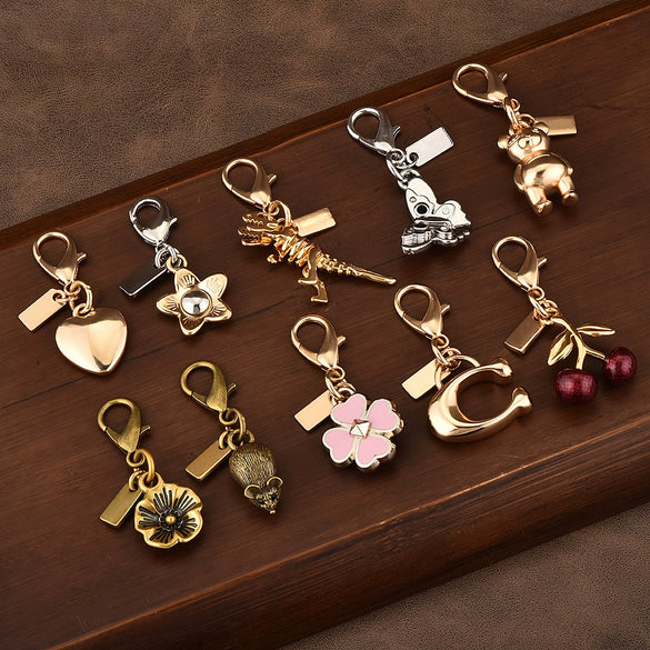 Gold Electroplated Car Key Pendant With Bear Cherry Fourleaf Clover And Butterfly Patterns For Schoolbag Jewelry Wholesale