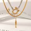 Gold Electroplated Stainless Steel Necklace For Women With Carp And Colorblocked Carabiner Pendants Geometric Design And Regular Chain