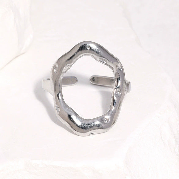Gold Electroplated Stainless Steel Open Ring For Women With Irregular Geometric Texture
