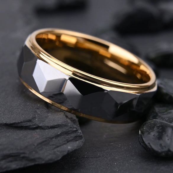 Gold Electroplated Tungsten Steel Ring With Cut Flower Geometric Design Minimalist Unisex Fashion Jewelry