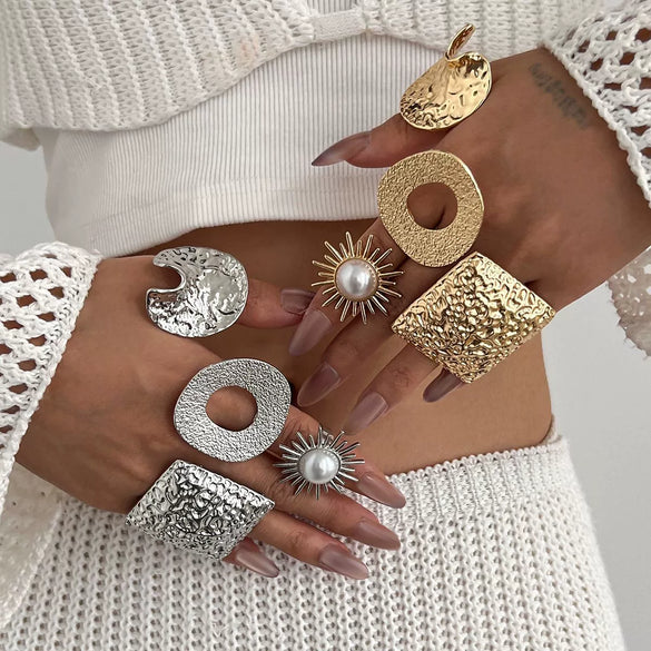 Gold Plated Alloy Stackable Ring Set With Irregular Square Geometric Shapes And Hammered Finish