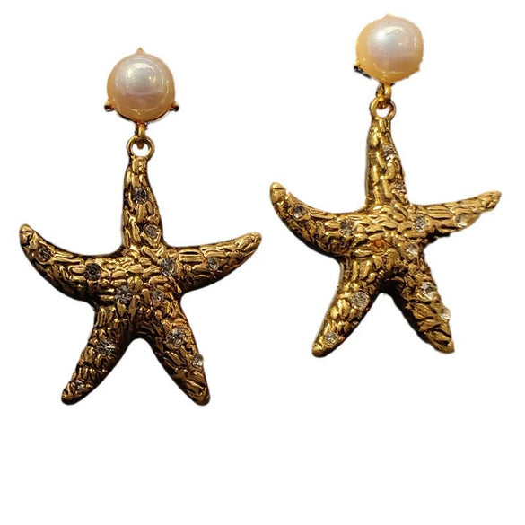 Gold Plated Alloy Starfish Pearl Earrings With Silver Tone Posts Simple Unisex Animal Inspired Jewelry Wholesale