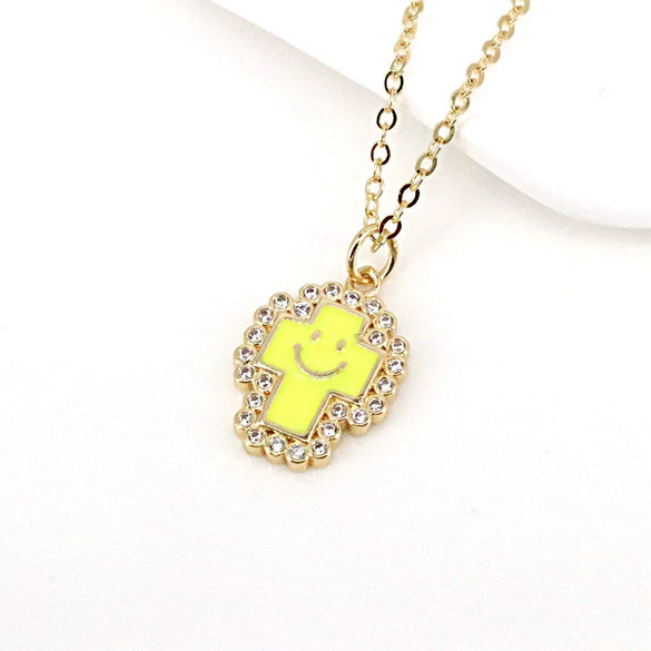 Gold Plated Copper Geometric Cross And Smiley Pendant Necklace With Micro Inlaid Zircon And Enamel Detail Water Wave Chain