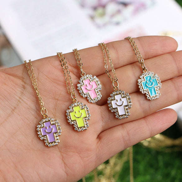 Gold Plated Copper Geometric Cross And Smiley Pendant Necklace With Micro Inlaid Zircon And Enamel Detail Water Wave Chain