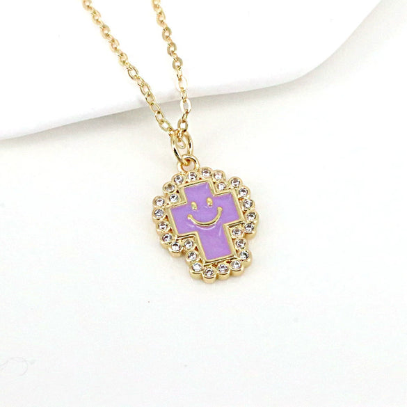 Gold Plated Copper Geometric Cross And Smiley Pendant Necklace With Micro Inlaid Zircon And Enamel Detail Water Wave Chain