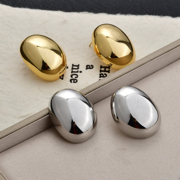 Gold Plated Copper Geometric Oval Sphere Statement Earrings With Glossy Polished Eggshell Design For Women