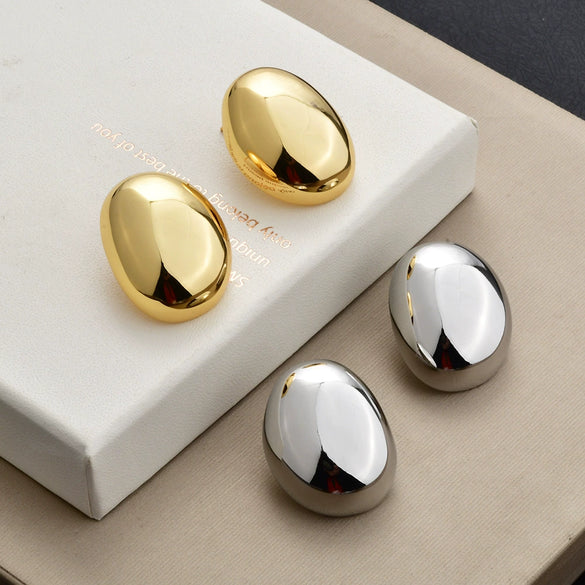 Gold Plated Copper Geometric Oval Sphere Statement Earrings With Glossy Polished Eggshell Design For Women