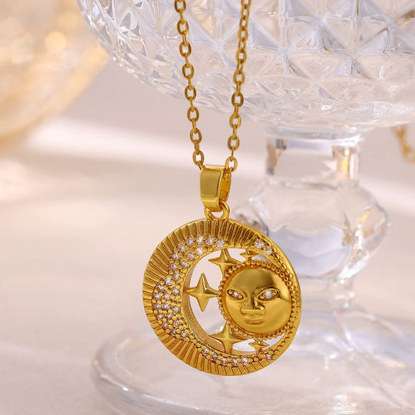 Gold Plated Copper Star And Moon Pendant Necklace With Zircon Inlay Geometric Unisex Jewelry And Whip Chain