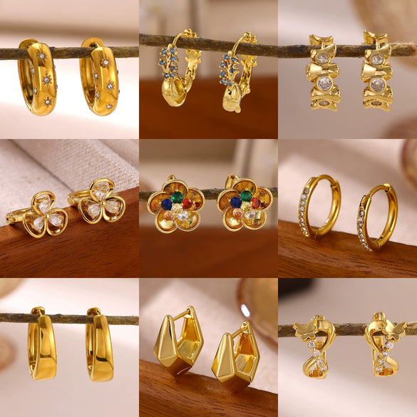 Gold Plated Copper Zircon Earrings For Women Hoop Teardrop And Floral Stud Designs With A Stylish Elegant Finish
