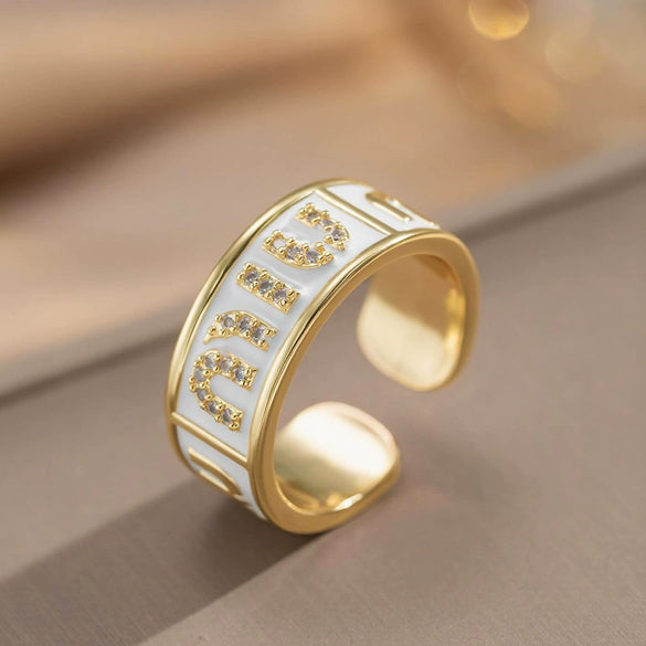 Gold Plated Copper Zircon Microinlaid Enamel French Vintage Letter Geometric Flower Pattern Open Ring For Women