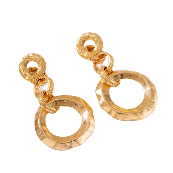 Gold Plated Floral Geometric Interlocking Hoop Earrings With Pleated Brushed Metal Texture And Stainless Steel Posts
