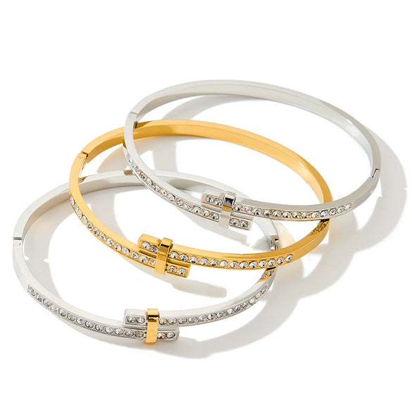 Gold Plated Geometric Rhinestone Stainless Steel Bracelet For Women Minimalist Fashion Jewelry