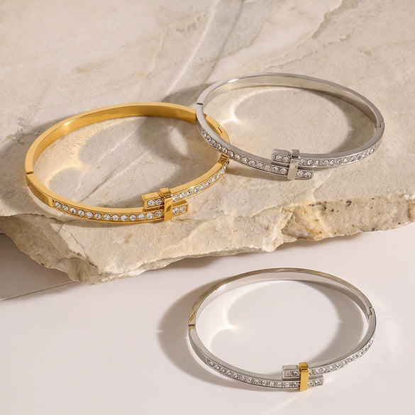 Gold Plated Geometric Rhinestone Stainless Steel Bracelet For Women Minimalist Fashion Jewelry