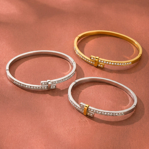 Gold Plated Geometric Rhinestone Stainless Steel Bracelet For Women Minimalist Fashion Jewelry