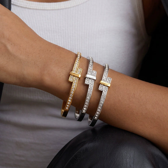 Gold Plated Geometric Rhinestone Stainless Steel Bracelet For Women Minimalist Fashion Jewelry