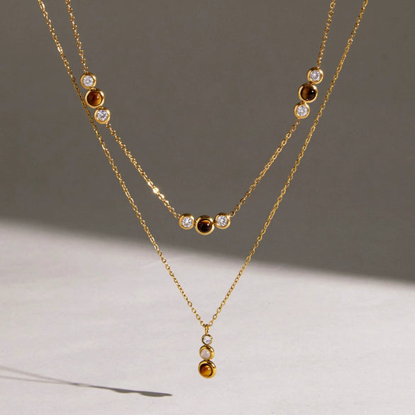 Gold Plated Geometric Stainless Steel Necklace For Women With Natural Tiger Eye Stone Pendant