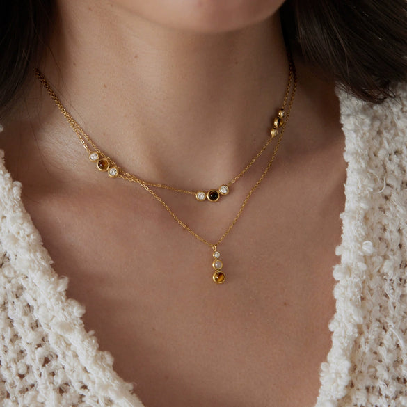 Gold Plated Geometric Stainless Steel Necklace For Women With Natural Tiger Eye Stone Pendant
